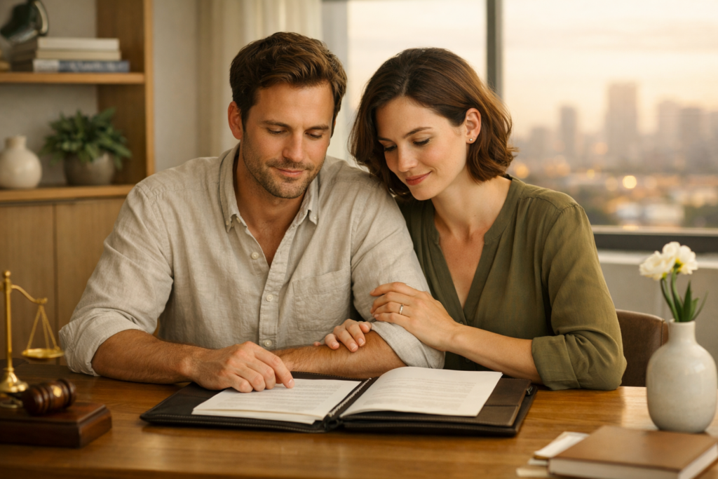 עורך דין הסכם ממון - זוג צעיר לפני חתימה במשרד